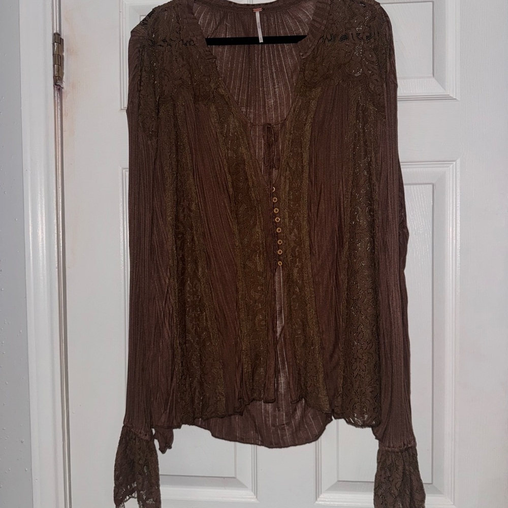 Free People Brown Pleated Long Sleeve Blouse